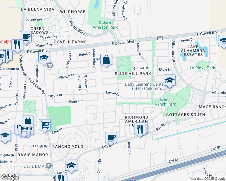 map of restaurants, bars, coffee shops, grocery stores, and more near 2737 Loyola Drive in Davis