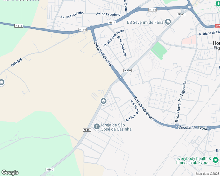 map of restaurants, bars, coffee shops, grocery stores, and more near N380 in Evora