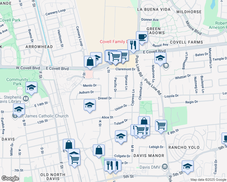 map of restaurants, bars, coffee shops, grocery stores, and more near 1301 Pacific Drive in Davis