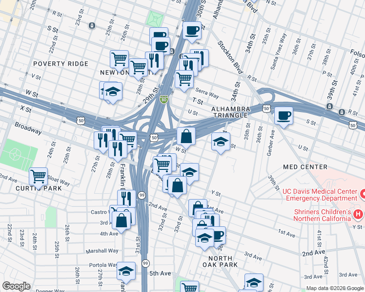 map of restaurants, bars, coffee shops, grocery stores, and more near 3208 W Street in Sacramento