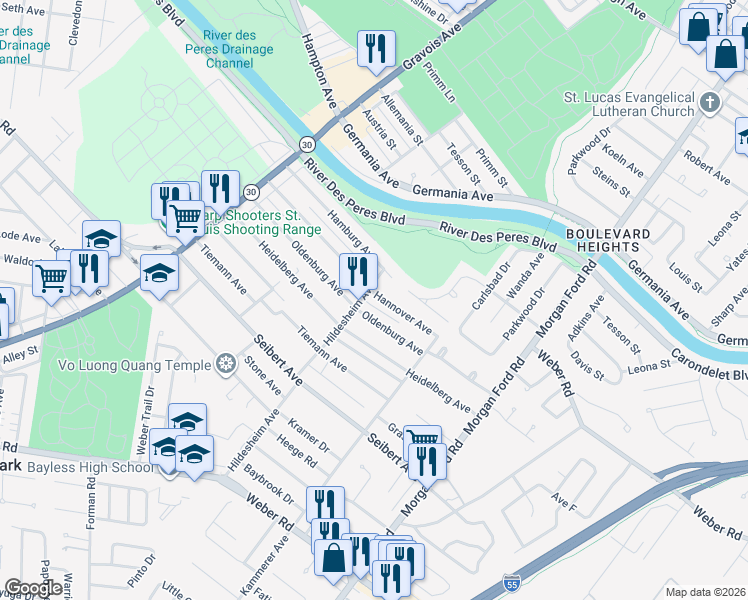 map of restaurants, bars, coffee shops, grocery stores, and more near 4655 Oldenburg Avenue in St. Louis