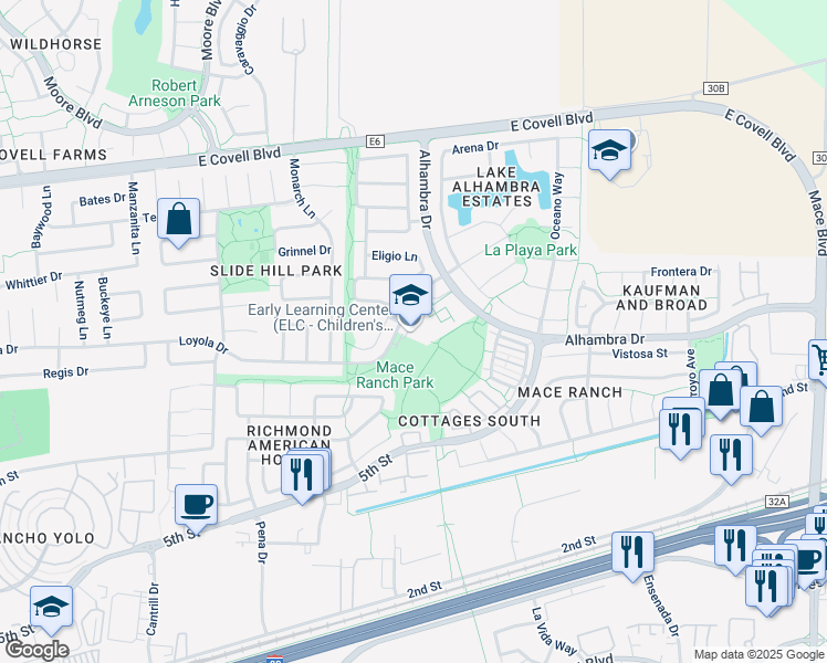 map of restaurants, bars, coffee shops, grocery stores, and more near 3100 Loyola Drive in Davis