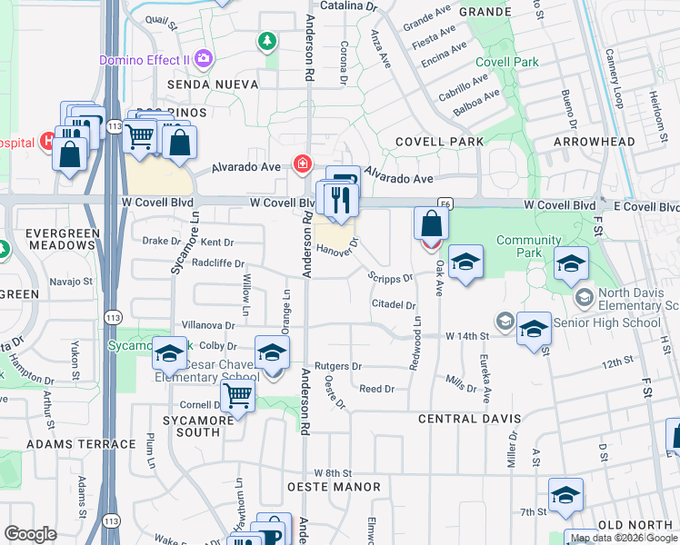 map of restaurants, bars, coffee shops, grocery stores, and more near 617 Radcliffe Drive in Davis
