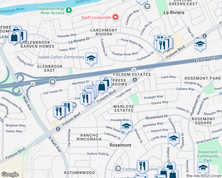 map of restaurants, bars, coffee shops, grocery stores, and more near 9035 Folsom Boulevard in Sacramento