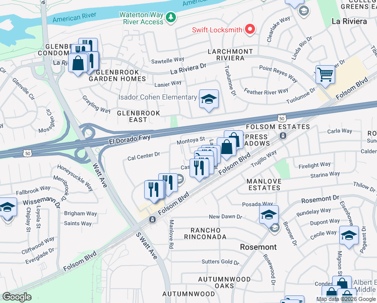map of restaurants, bars, coffee shops, grocery stores, and more near 9001 Casals Street in Sacramento