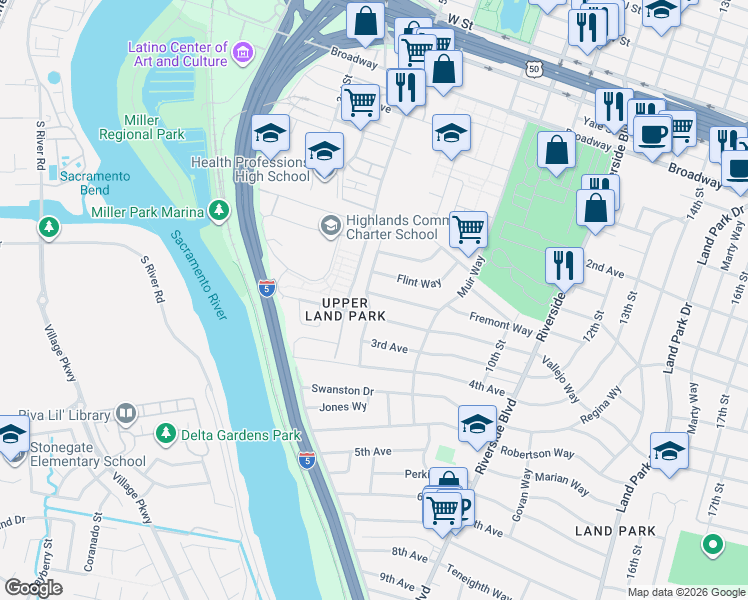 map of restaurants, bars, coffee shops, grocery stores, and more near 608 Vallejo Way in Sacramento