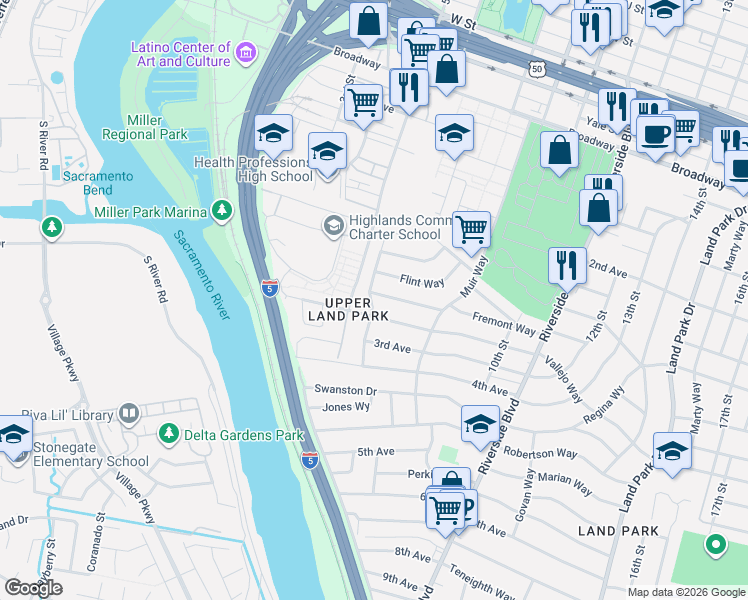 map of restaurants, bars, coffee shops, grocery stores, and more near 608 Vallejo Way in Sacramento