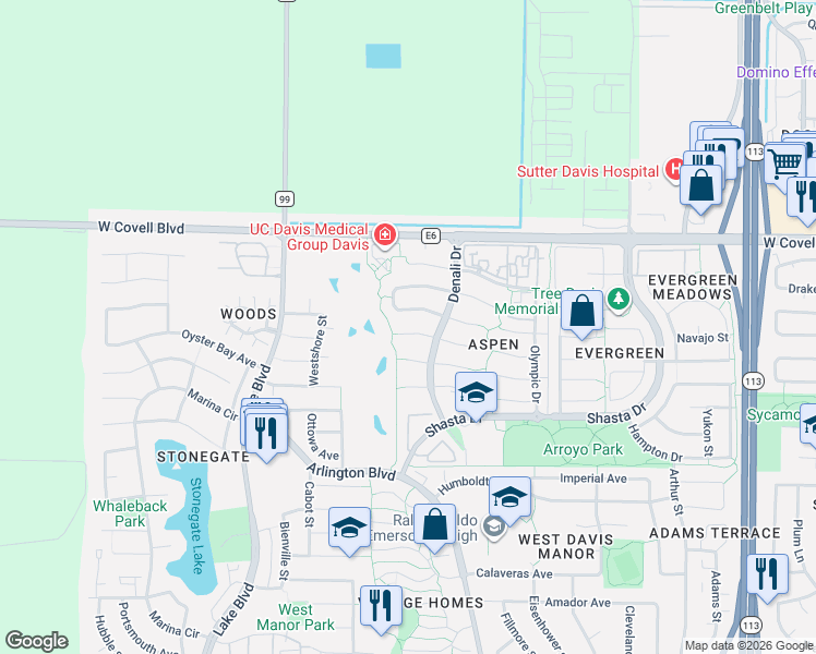 map of restaurants, bars, coffee shops, grocery stores, and more near 2338 Lassen Place in Davis
