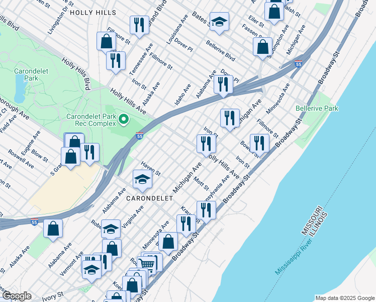 map of restaurants, bars, coffee shops, grocery stores, and more near 6425 Michigan Avenue in St. Louis