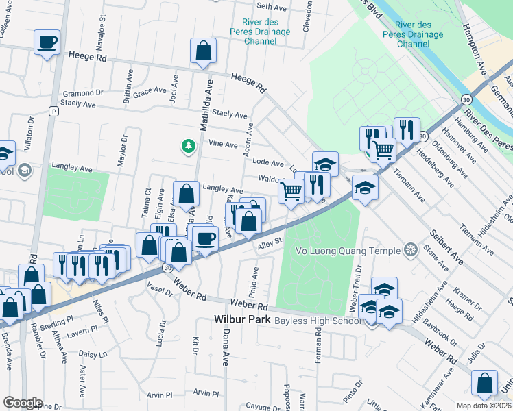 map of restaurants, bars, coffee shops, grocery stores, and more near 8528 Philo Avenue in Affton