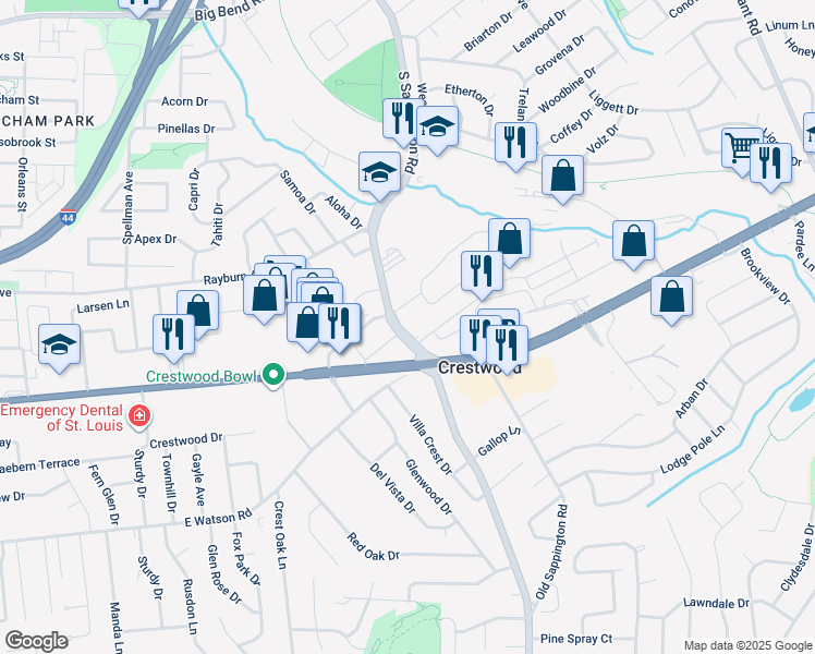 map of restaurants, bars, coffee shops, grocery stores, and more near 1526 Sappington Road in St. Louis