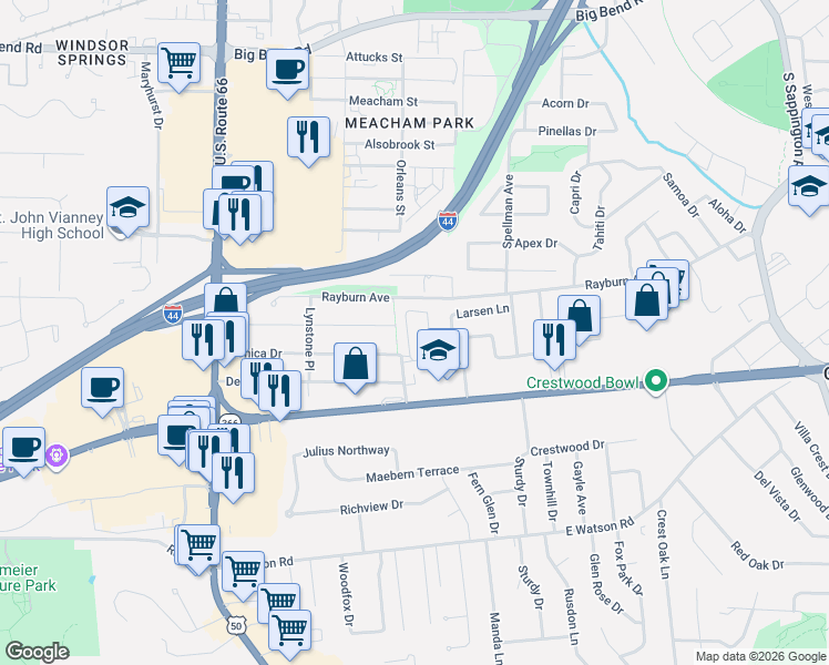 map of restaurants, bars, coffee shops, grocery stores, and more near 415 Homecrest Drive in St. Louis