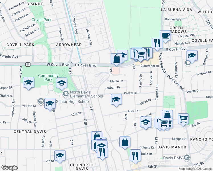 map of restaurants, bars, coffee shops, grocery stores, and more near 1109 Auburn Drive in Davis