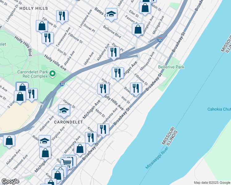 map of restaurants, bars, coffee shops, grocery stores, and more near 6212 Michigan Avenue in St. Louis