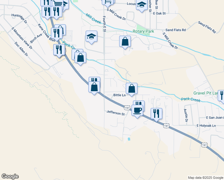 map of restaurants, bars, coffee shops, grocery stores, and more near 445 Minor Court in Moab