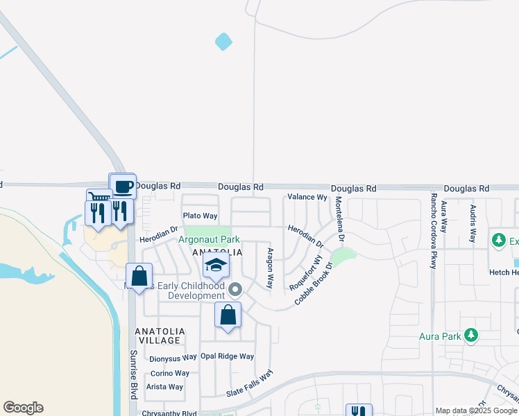 map of restaurants, bars, coffee shops, grocery stores, and more near 11877 White Rain Way in Rancho Cordova