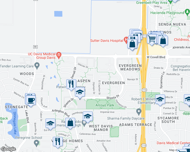 map of restaurants, bars, coffee shops, grocery stores, and more near 1606 Olympic Drive in Davis
