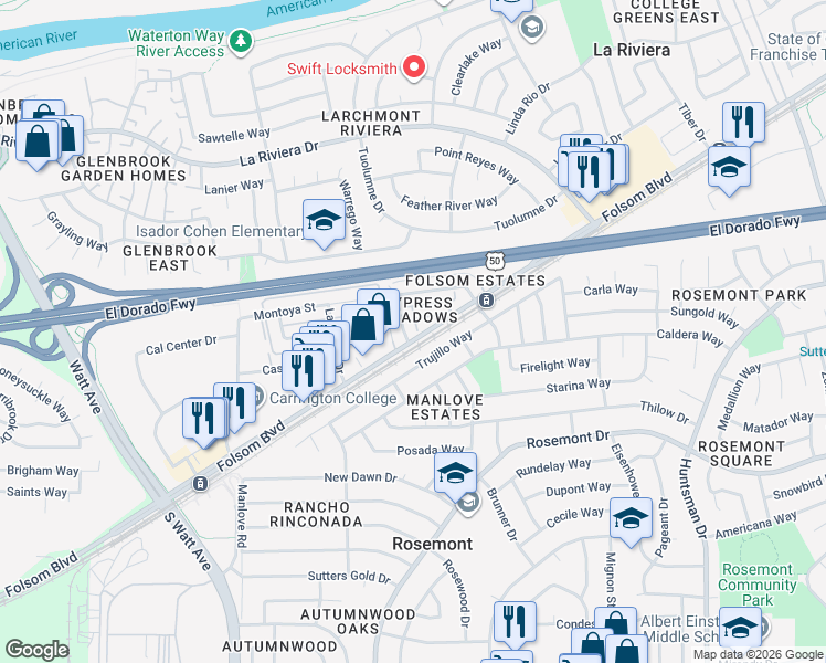 map of restaurants, bars, coffee shops, grocery stores, and more near 9055 Folsom Boulevard in Sacramento
