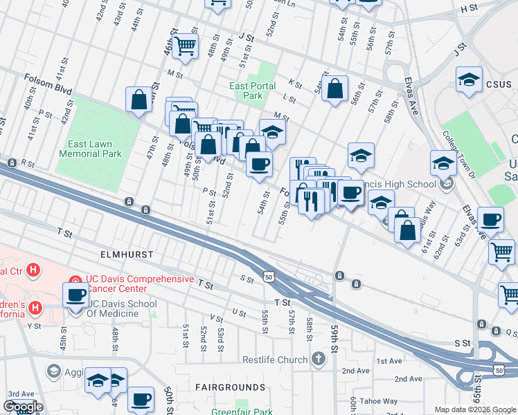 map of restaurants, bars, coffee shops, grocery stores, and more near 1535 53rd Street in Sacramento
