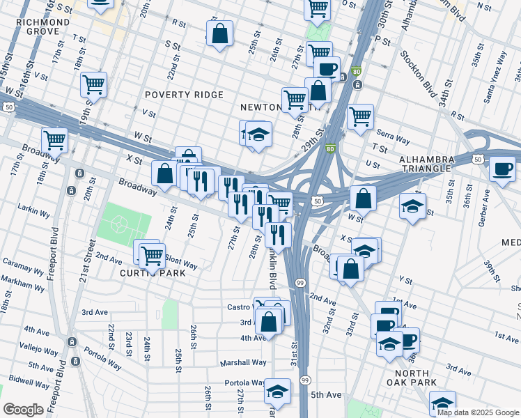 map of restaurants, bars, coffee shops, grocery stores, and more near 2736 X Street in Sacramento