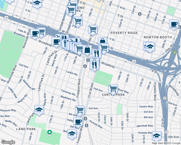 map of restaurants, bars, coffee shops, grocery stores, and more near 1920 Broadway in Sacramento