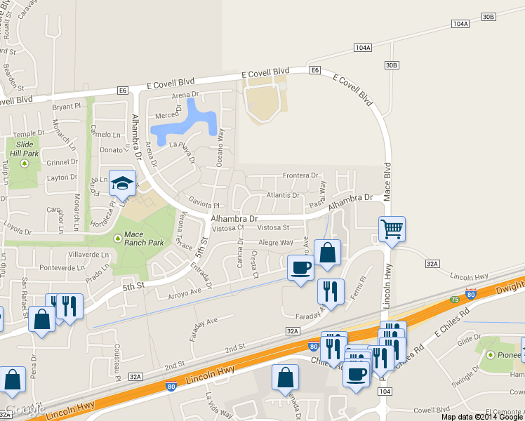 map of restaurants, bars, coffee shops, grocery stores, and more near 1392 Via Colonna Terrace in Davis