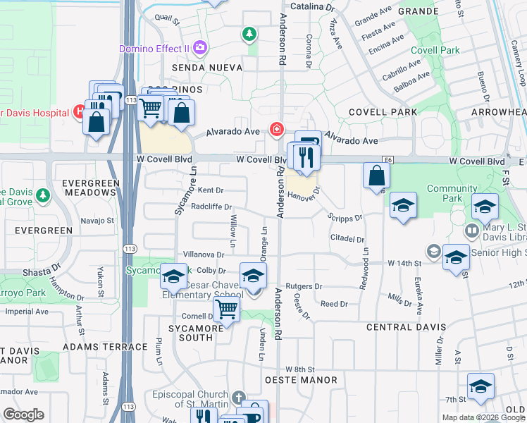 map of restaurants, bars, coffee shops, grocery stores, and more near 1715 Anderson Road in Davis