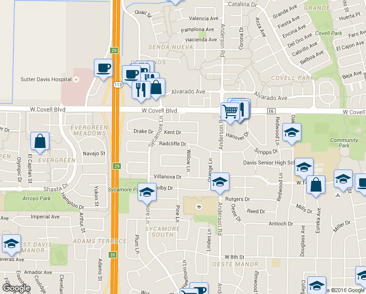 map of restaurants, bars, coffee shops, grocery stores, and more near 1008 Radcliffe Drive in Davis