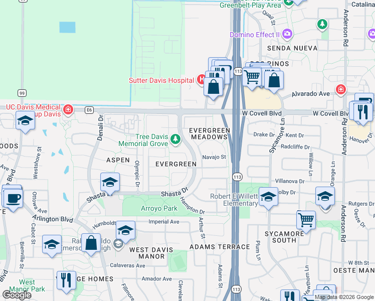 map of restaurants, bars, coffee shops, grocery stores, and more near 1712 Portola Court in Davis