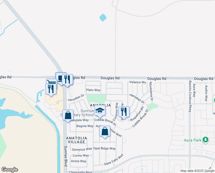 map of restaurants, bars, coffee shops, grocery stores, and more near 11837 White Rain Way in Rancho Cordova
