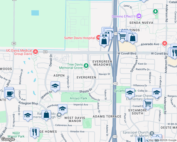 map of restaurants, bars, coffee shops, grocery stores, and more near 1562 Pinnacles Place in Davis