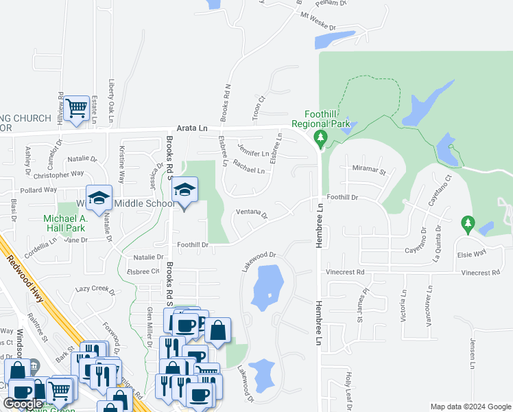 map of restaurants, bars, coffee shops, grocery stores, and more near 1032 Ventana Drive in Windsor