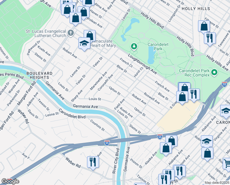 map of restaurants, bars, coffee shops, grocery stores, and more near 3857 Robert Avenue in St. Louis