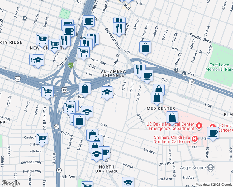 map of restaurants, bars, coffee shops, grocery stores, and more near 3445 Truckee Way in Sacramento