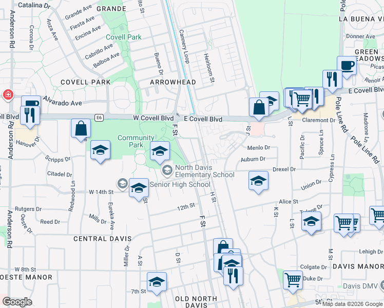 map of restaurants, bars, coffee shops, grocery stores, and more near 1420 F Street in Davis