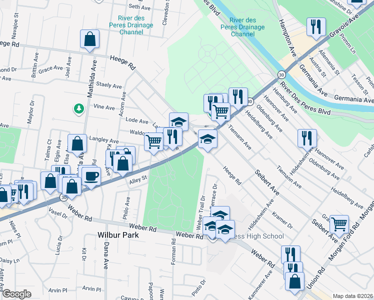 map of restaurants, bars, coffee shops, grocery stores, and more near 8430 Gravois Rd in Affton