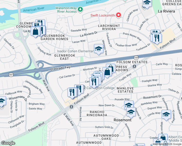 map of restaurants, bars, coffee shops, grocery stores, and more near 9025 El Cajon Way in Sacramento