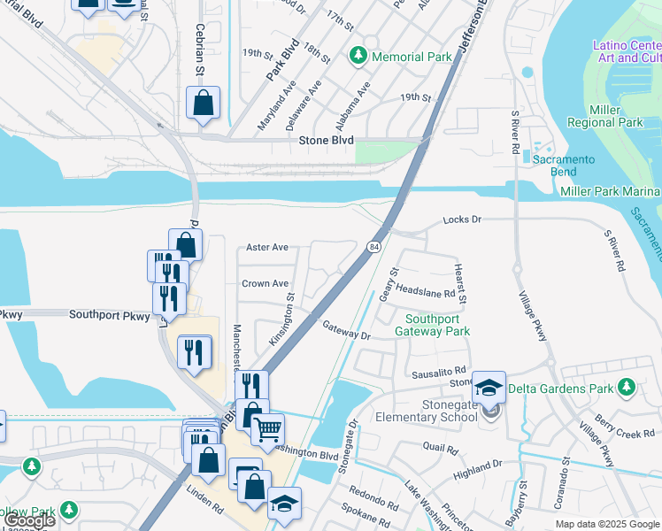 map of restaurants, bars, coffee shops, grocery stores, and more near 2150 Valley Oak Lane in West Sacramento