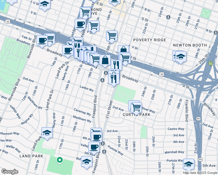 map of restaurants, bars, coffee shops, grocery stores, and more near 1920 Broadway in Sacramento