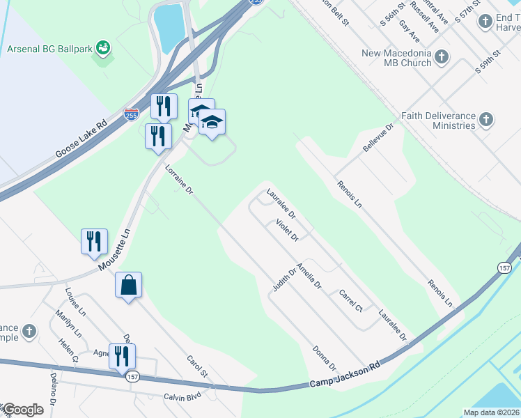map of restaurants, bars, coffee shops, grocery stores, and more near 111 Lauralee Drive in Cahokia
