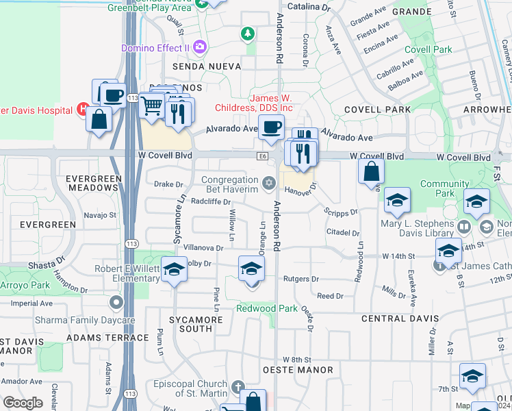 map of restaurants, bars, coffee shops, grocery stores, and more near 809 Radcliffe Drive in Davis