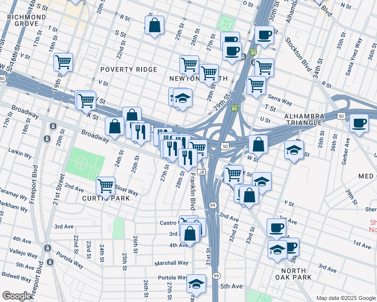 map of restaurants, bars, coffee shops, grocery stores, and more near 2736 X Street in Sacramento