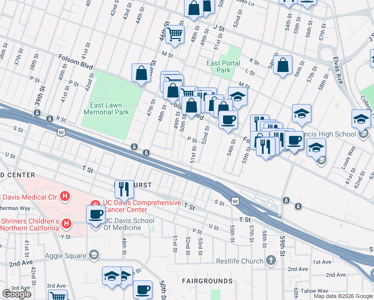 map of restaurants, bars, coffee shops, grocery stores, and more near 1600 51st Street in Sacramento