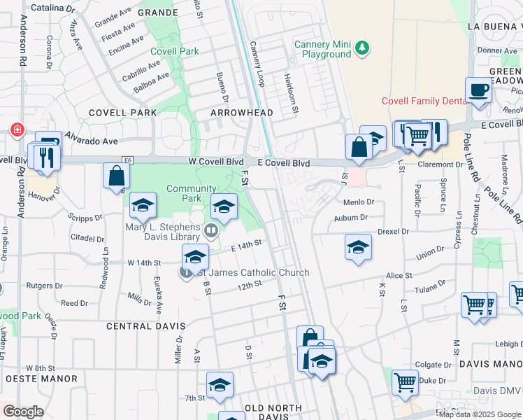 map of restaurants, bars, coffee shops, grocery stores, and more near 1512 F Street in Davis