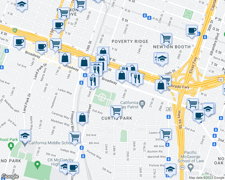 map of restaurants, bars, coffee shops, grocery stores, and more near 2120 Broadway in Sacramento
