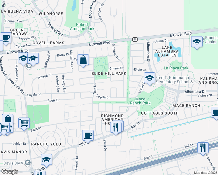 map of restaurants, bars, coffee shops, grocery stores, and more near 1337 Camphor Lane in Davis