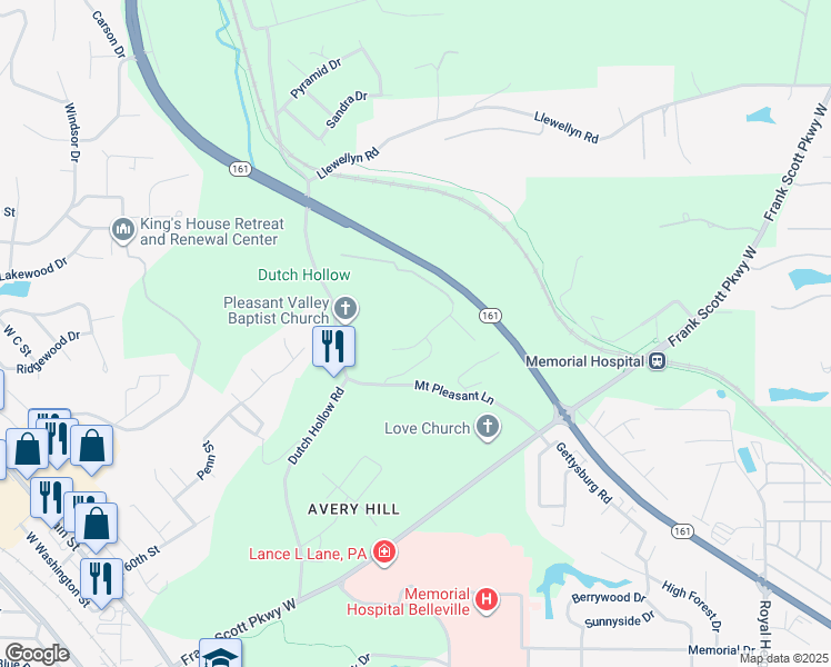 map of restaurants, bars, coffee shops, grocery stores, and more near 17 Persimmon Ridge Road in Belleville