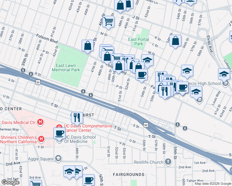 map of restaurants, bars, coffee shops, grocery stores, and more near 1600 51st Street in Sacramento