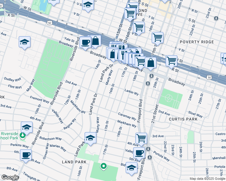map of restaurants, bars, coffee shops, grocery stores, and more near 2636 17th Street in Sacramento