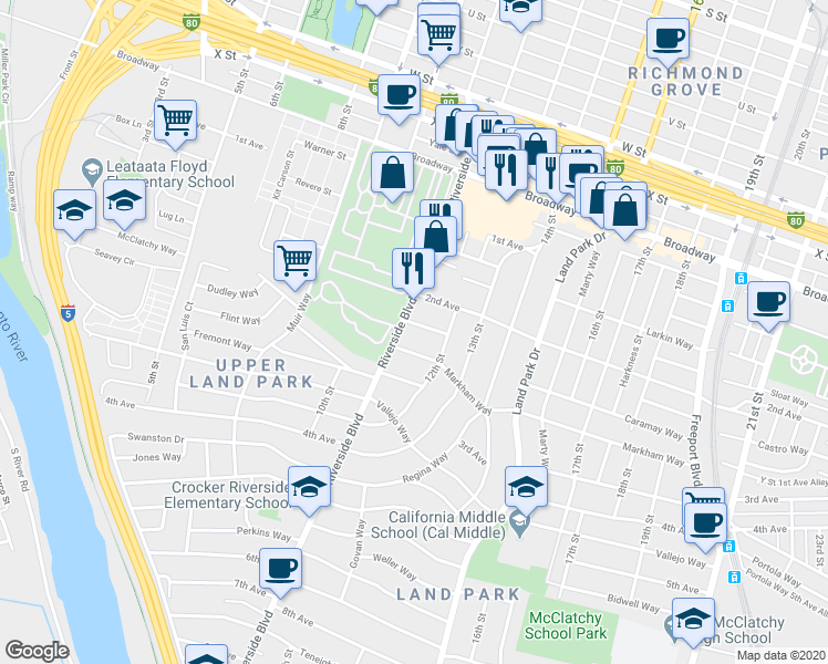 map of restaurants, bars, coffee shops, grocery stores, and more near 1115 Castro Way in Sacramento